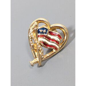 Vintage Avon American Flag Heart Gold‎ Tone Tack Pin